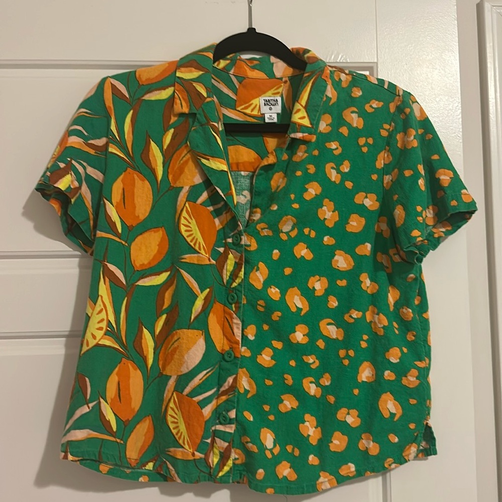 Tabitha Brown Target Button-Up Shirt, Green Leopard Orange Print